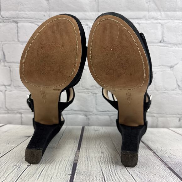 Vince Camuto‎ Sandals Womens 7.5 Black Suede Heeled Cross Strap Open Toe Shayla - Picture 7 of 9